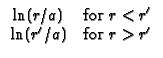 $\displaystyle \begin{array}{cc}
\ln (r/a) & \text{for }r<r^{\prime } \\
\ln (r^{\prime }/a) & \text{for }r>r^{\prime }
\end{array}$