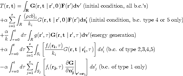 \begin{eqnarray*}
&&T(\mathbf{r},t)=\int_{R}G(\mathbf{r},t \left\vert  \mathbf...
...{r}_{i}}\right] ds_{j}^{\prime } \;
\mbox{(b.c. of type 1 only)}
\end{eqnarray*}