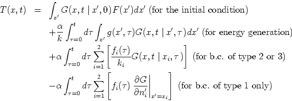 \begin{eqnarray*}
T(x,t) &=&\int_{x^{\prime }}G(x,t \left\vert  x^{\prime },0\...
...{x^{\prime }=x_{i}}%
\right] \; \mbox{(for b.c. of type 1 only)}
\end{eqnarray*}